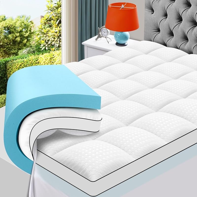 MASVIS King Size 4 Inch Dual Layer Memory Foam Mattress Topper with Cooling Gel and Pillow Top
