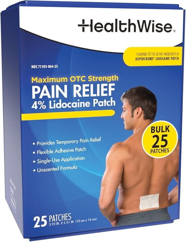 HealthWise 4% Lidocaine Pain Relief Patch - 25 Count, Maximum Strength