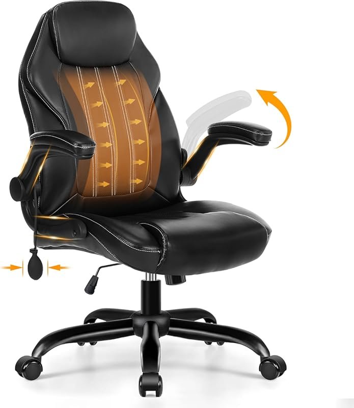 Ergonomic Office Desk Chair with Padded Flip-Up Arms and Adjustable Lu