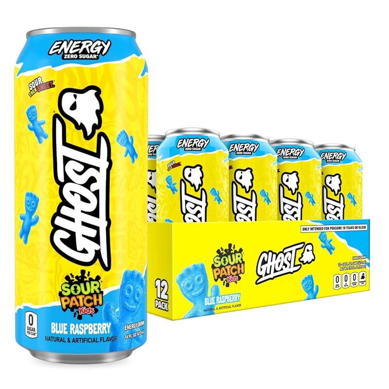 GHOST Energy Drink, Sour Patch Kids Blue Raspberry, 200mg Natural Caff