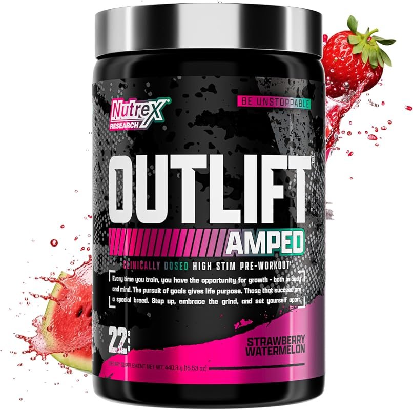 OUTLIFT Amped High Stim Pre Workout Powder, Strawberry Watermelon, 22