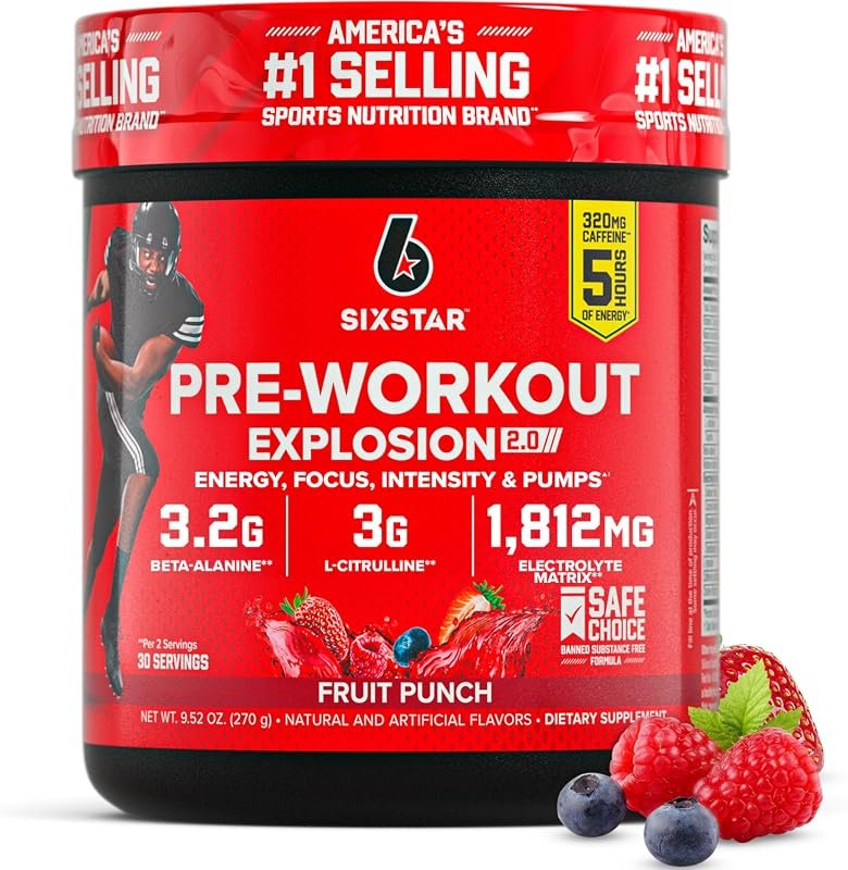 Six Star Pre-Workout Explosion 2.0 Powder, Fruit Punch Energy Drink Mi
