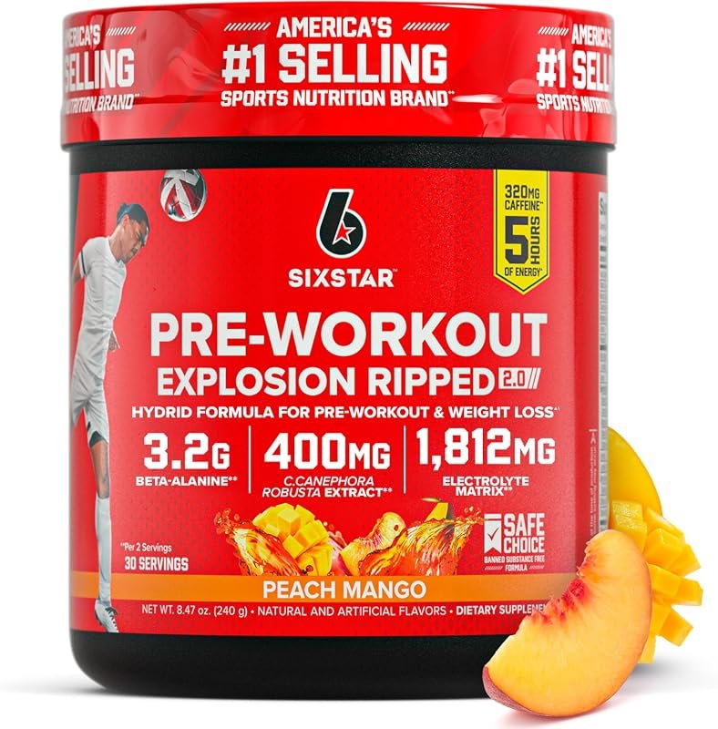 Six Star Pre-Workout Explosion Peach Mango Energy Powder Supplement wi