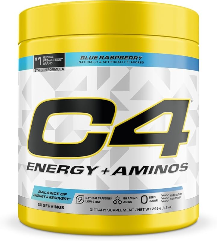 C4 Energy + Aminos Powder, Blue Raspberry, 30 Servings, 5g BCAAs, Zero
